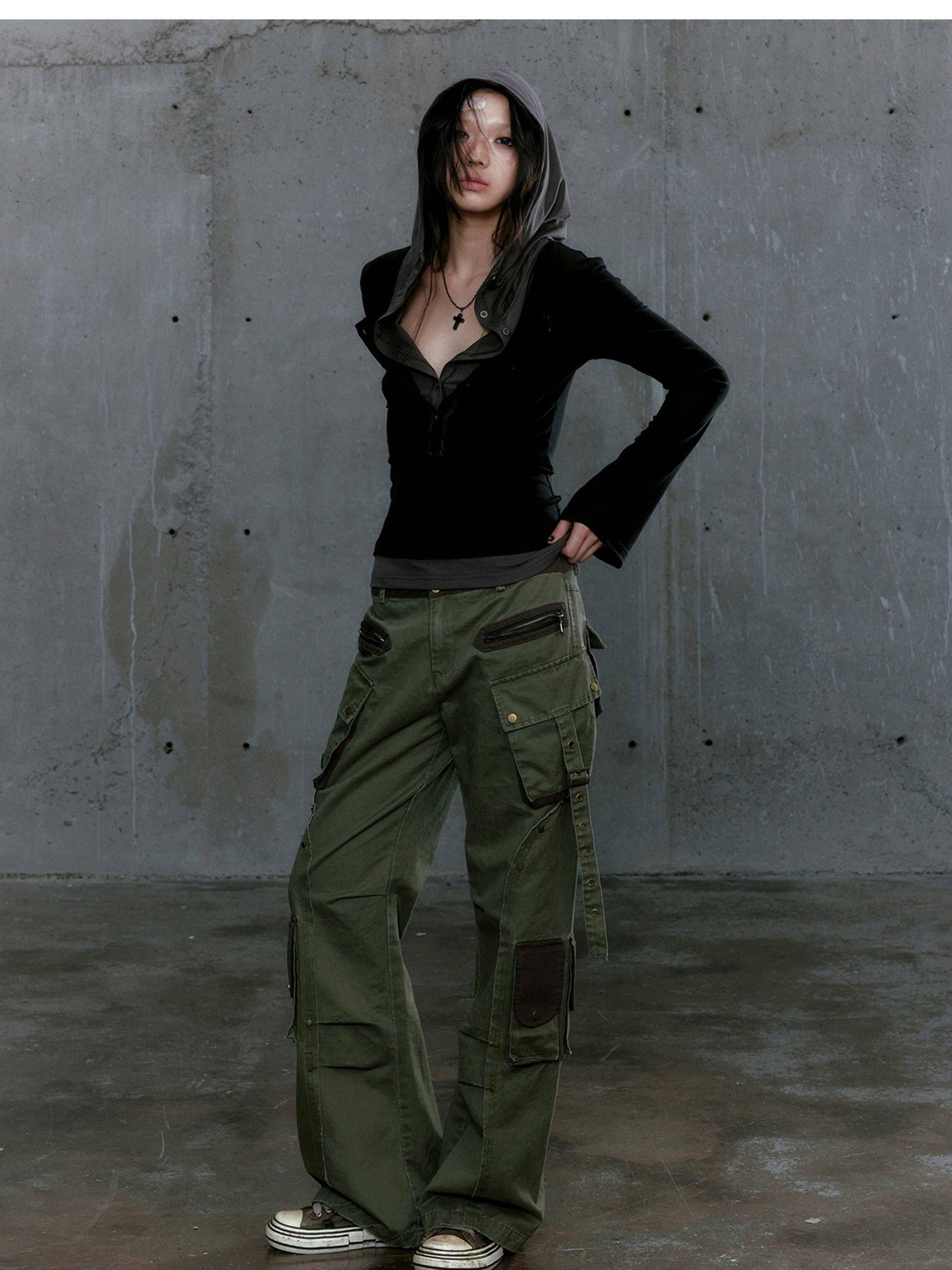 Cest Nous Gray Green Patchwork Layered Faux Two Piece Punk Women&