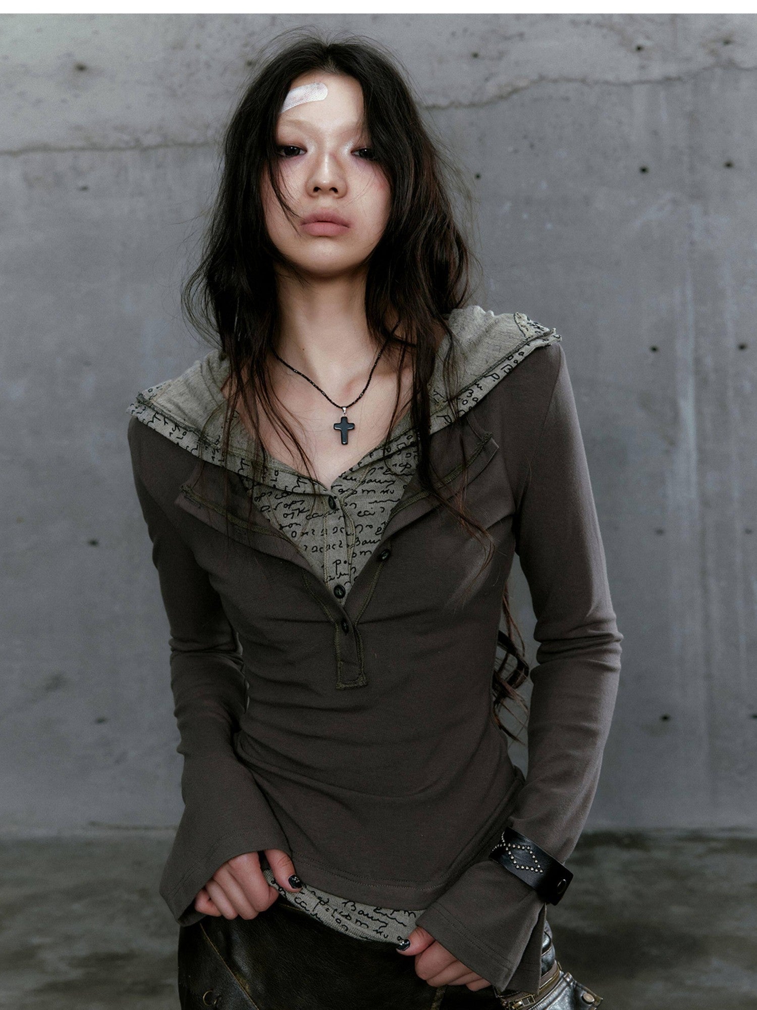 Cest Nous Gray Green Patchwork Layered Faux Two Piece Punk Women&