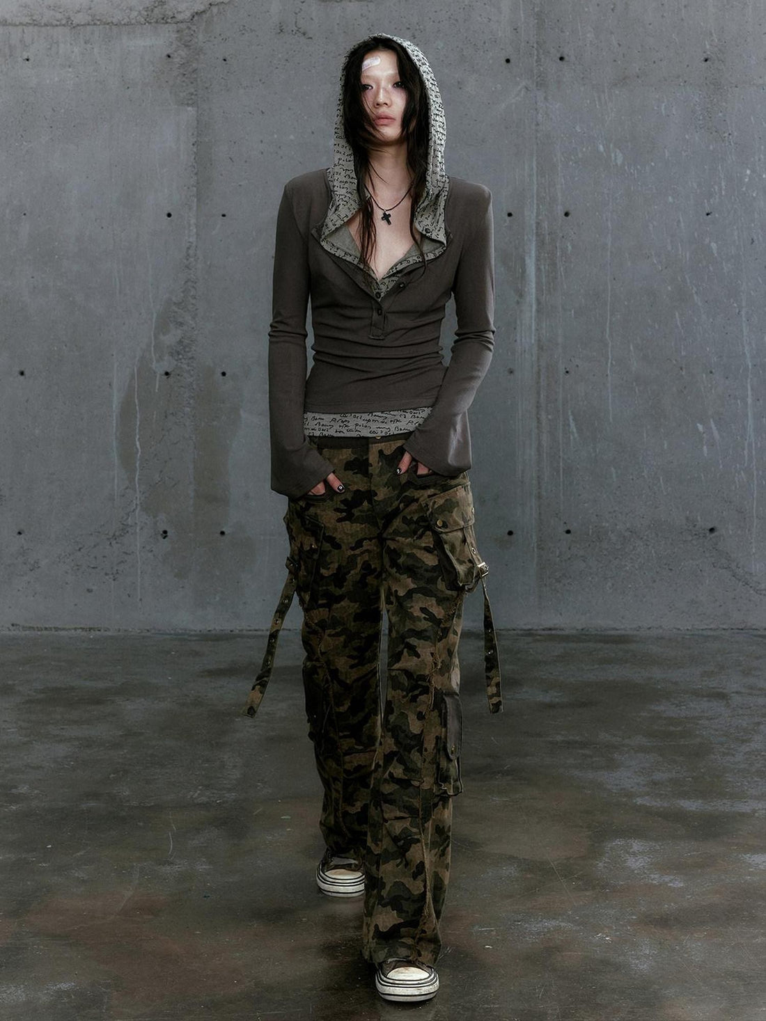 Cest Nous Gray Green Patchwork Layered Faux Two Piece Punk Women&