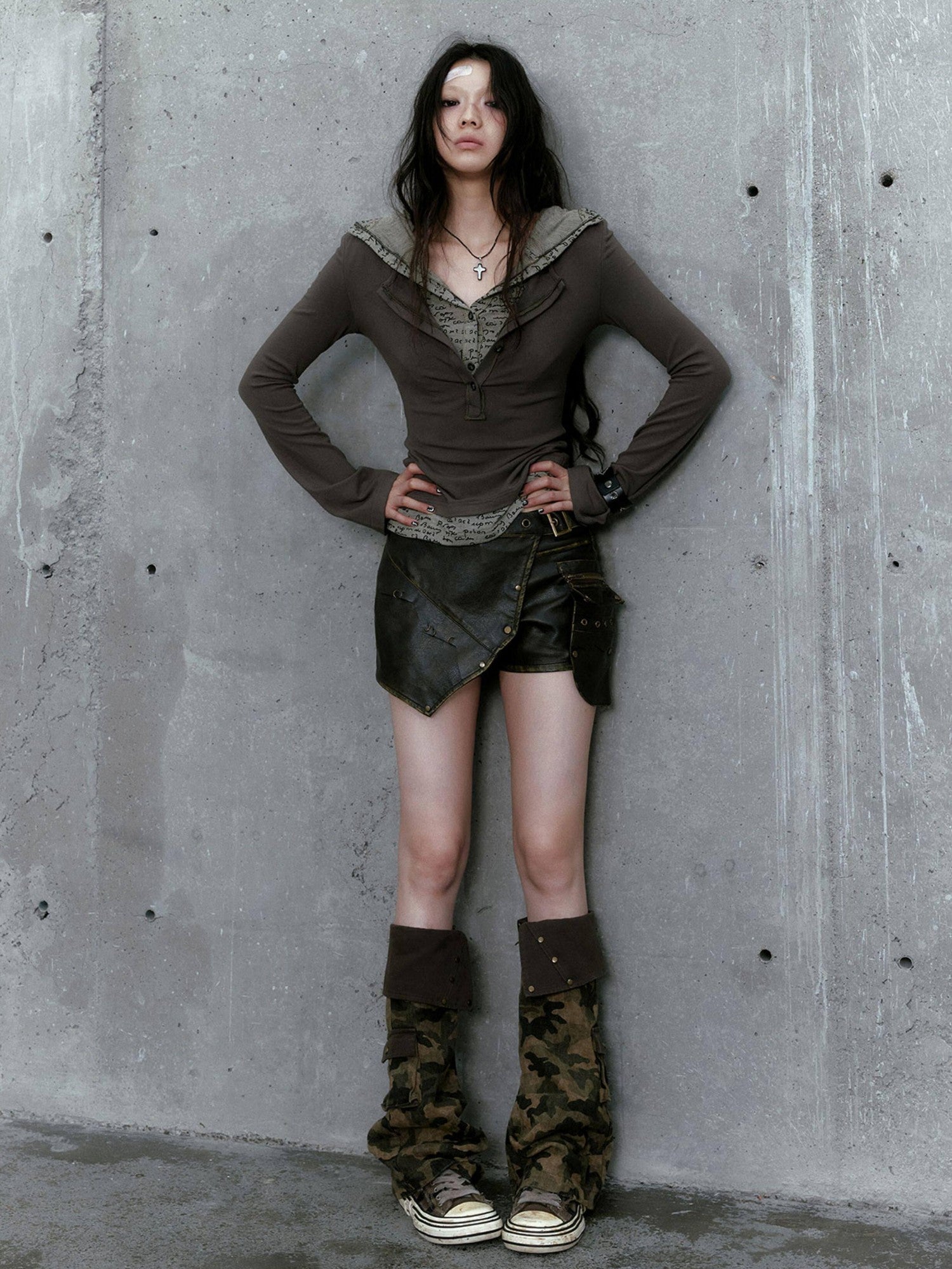 Cest Nous Gray Green Patchwork Layered Faux Two Piece Punk Women&