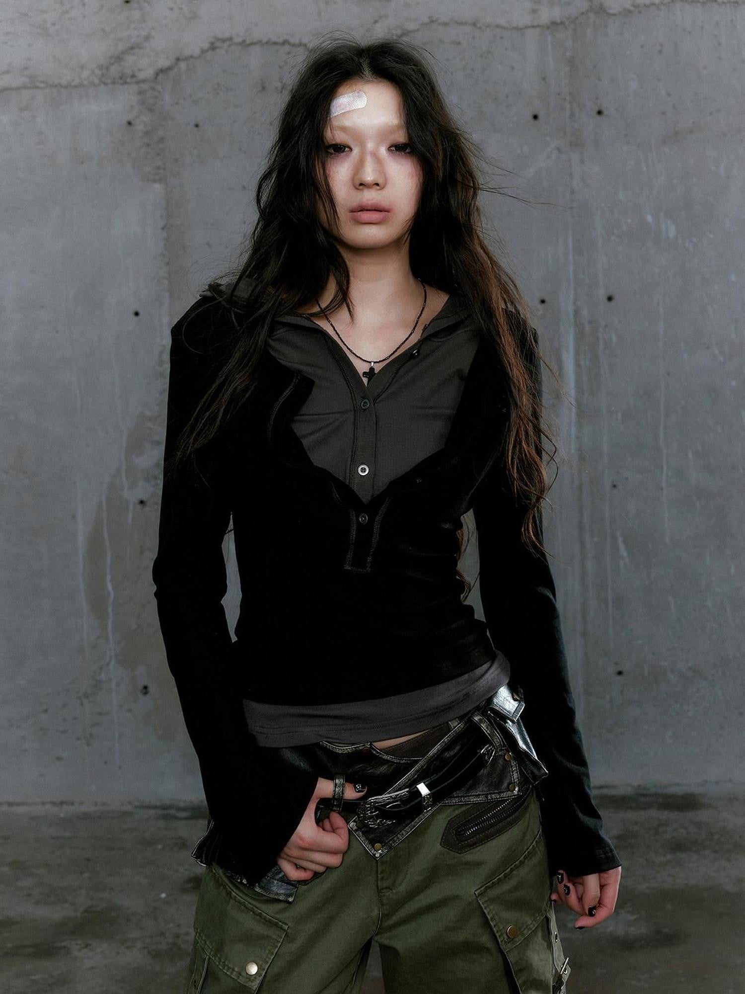 Cest Nous Gray Green Patchwork Layered Faux Two Piece Punk Women&
