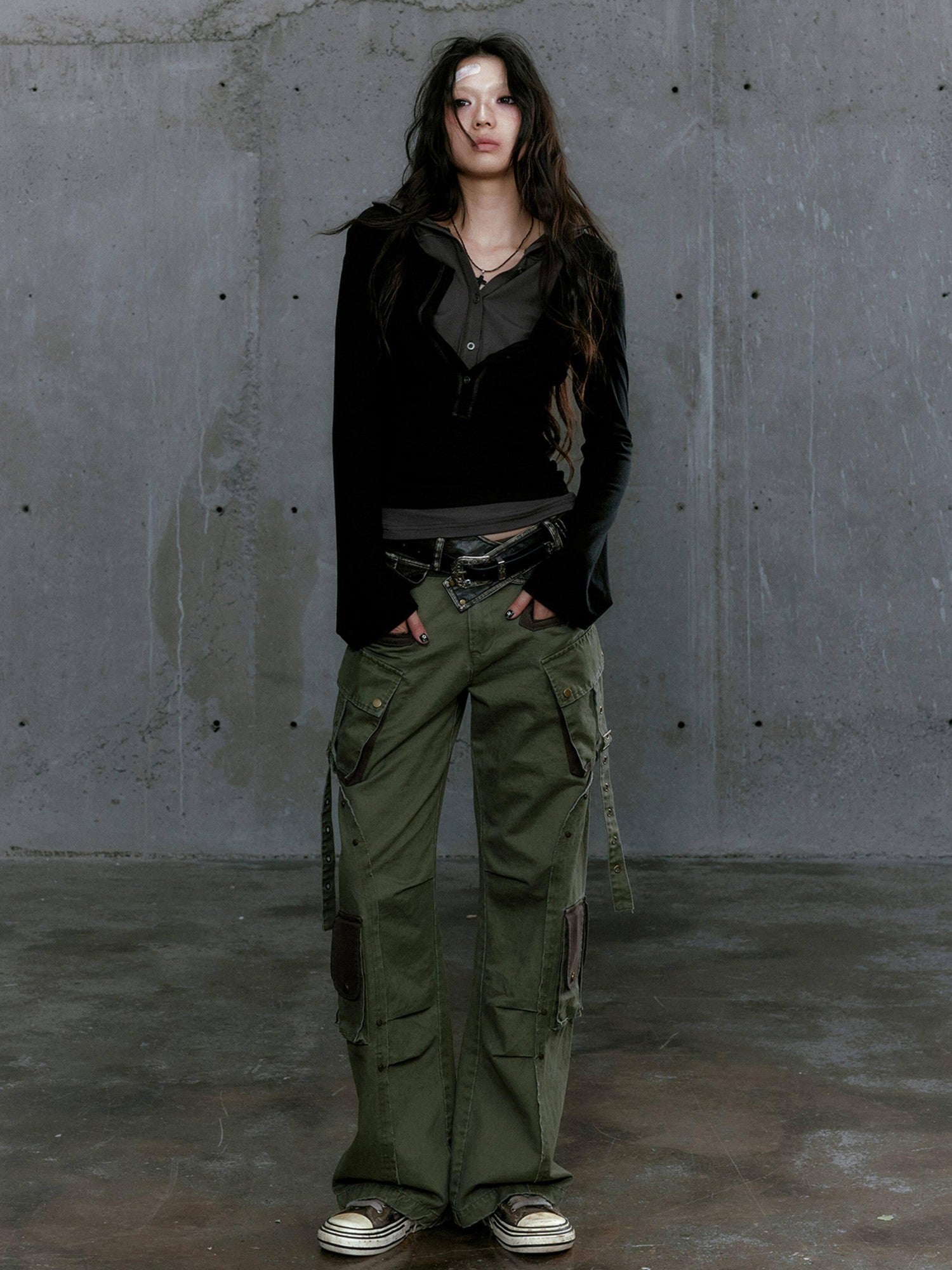 Cest Nous Gray Green Patchwork Layered Faux Two Piece Punk Women&