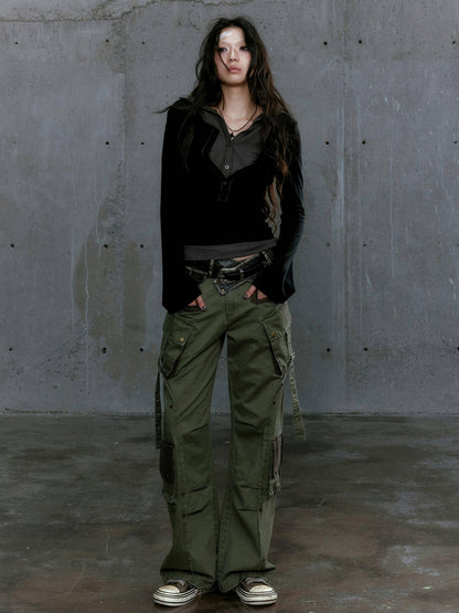 Cest Nous Gray Green Patchwork Layered Faux Two Piece Punk Women&