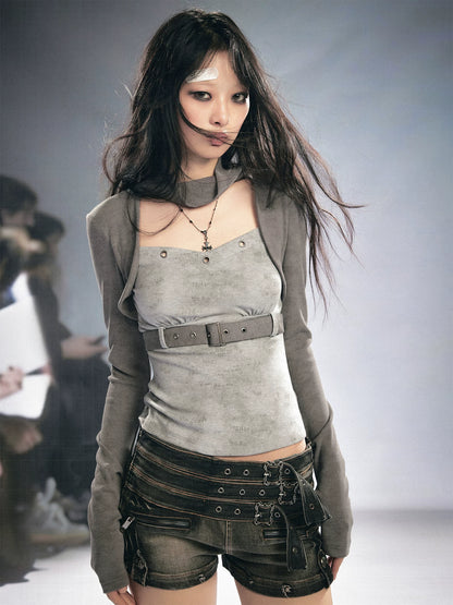 Cest Nous Grey Spliced Letter Faux Two Piece Women&