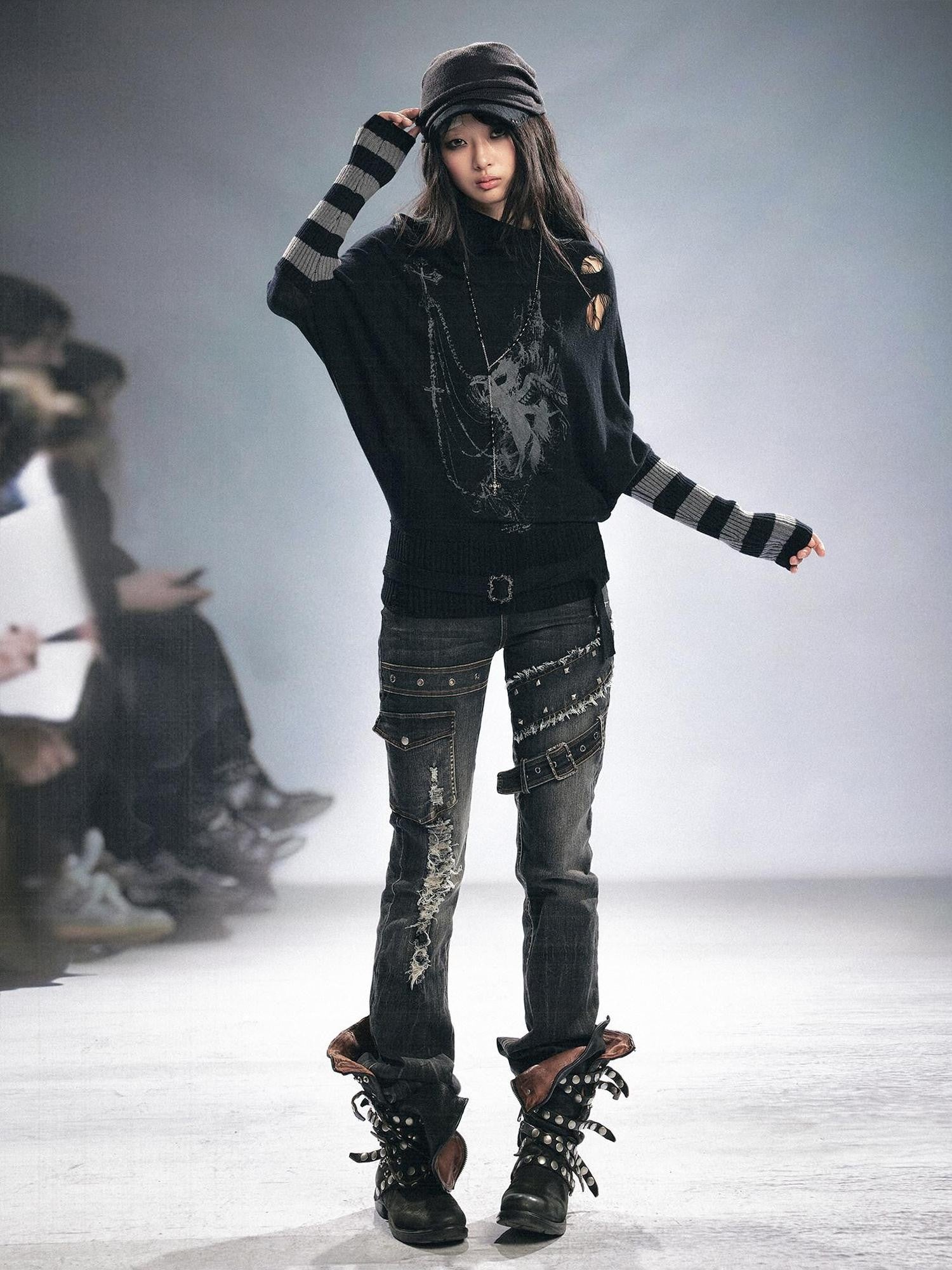 Cest Nous Grunge Distressed Patchwork Studded Women&