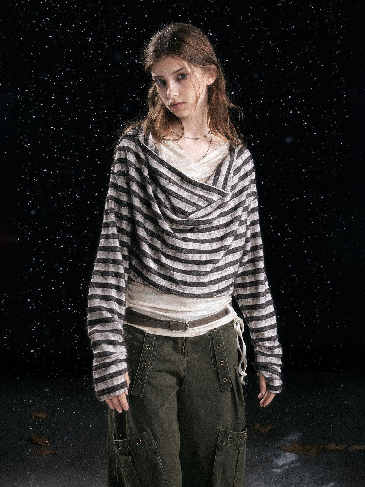 Cest Nous Hooded Distressed Loose Fit Layered Striped Women Viscose Pullover T-Shirt