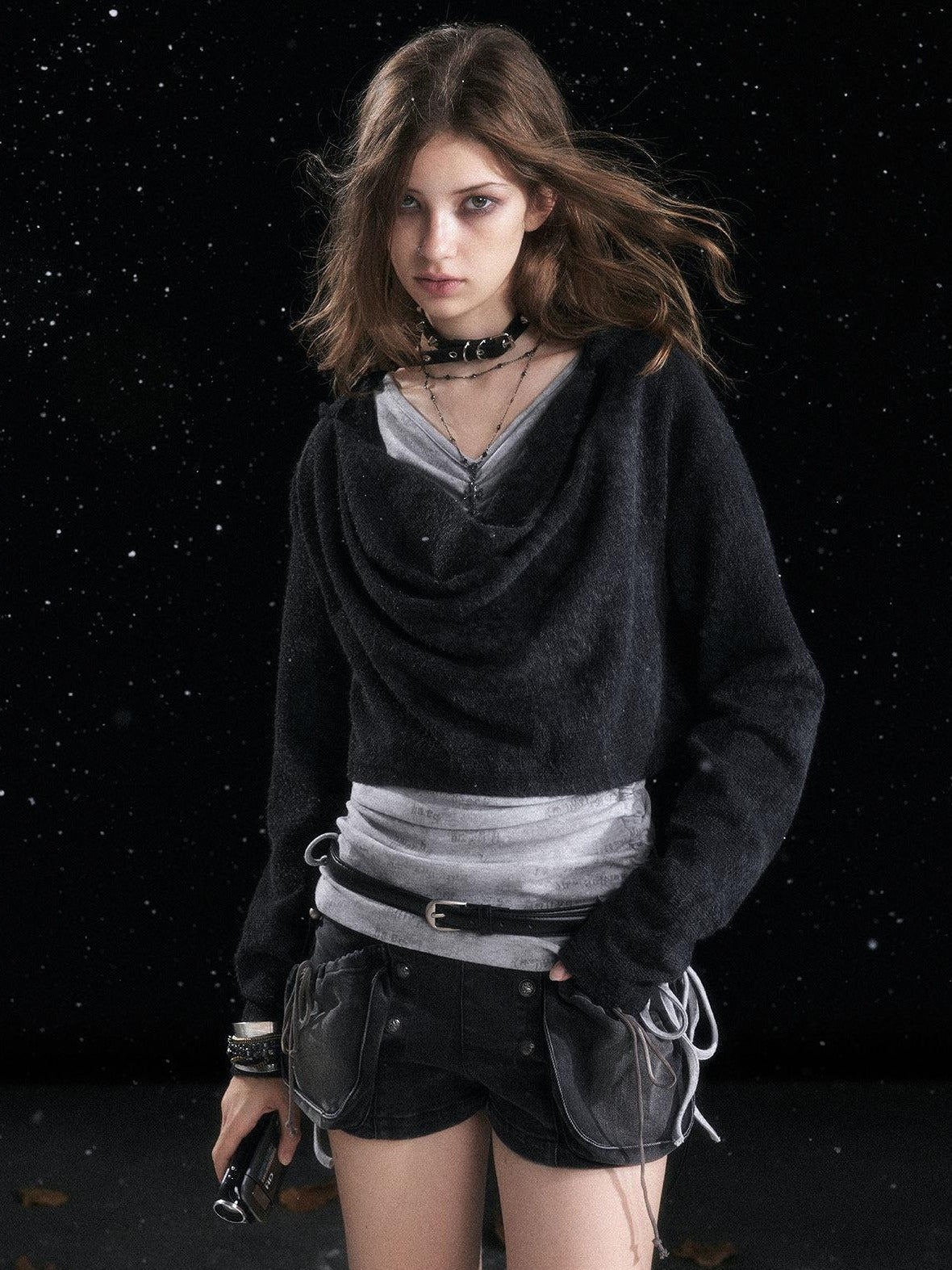 Cest Nous Hooded Distressed Loose Fit Layered Striped Women Viscose Pullover T-Shirt