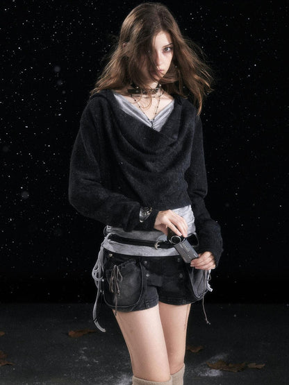 Cest Nous Hooded Distressed Loose Fit Layered Striped Women Viscose Pullover T-Shirt