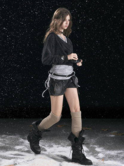 Cest Nous Hooded Distressed Loose Fit Layered Striped Women Viscose Pullover T-Shirt