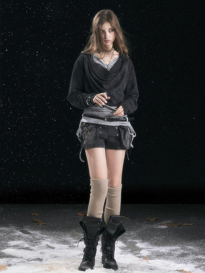 Cest Nous Hooded Distressed Loose Fit Layered Striped Women Viscose Pullover T-Shirt