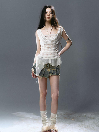 Update Cest Nous Irregular Structured Patchwork Belted Gold Foil Frayed Denim Culotte Skirt