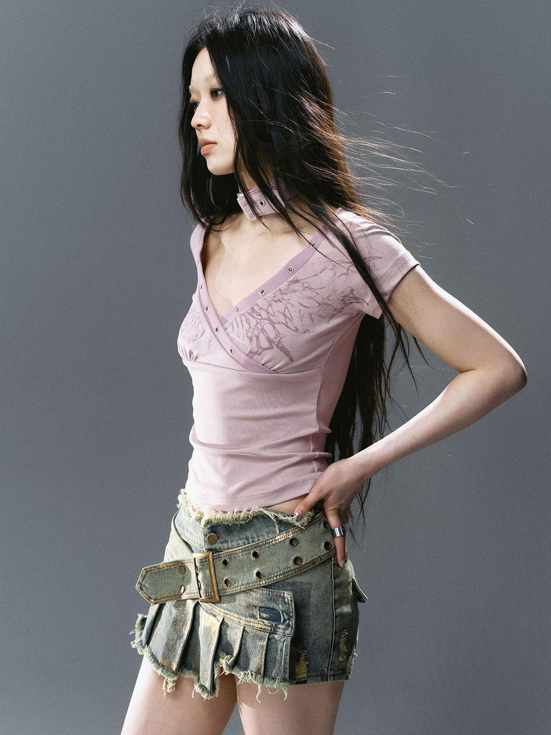Update Cest Nous Irregular Structured Patchwork Belted Gold Foil Frayed Denim Culotte Skirt