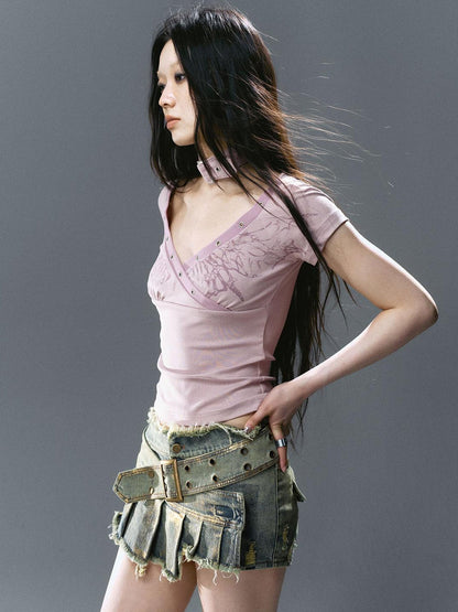 Update Cest Nous Irregular Structured Patchwork Belted Gold Foil Frayed Denim Culotte Skirt