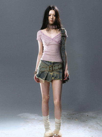 Update Cest Nous Irregular Structured Patchwork Belted Gold Foil Frayed Denim Culotte Skirt