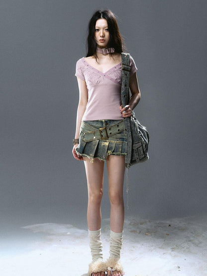 Update Cest Nous Irregular Structured Patchwork Belted Gold Foil Frayed Denim Culotte Skirt