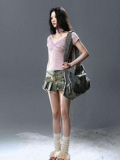 Update Cest Nous Irregular Structured Patchwork Belted Gold Foil Frayed Denim Culotte Skirt