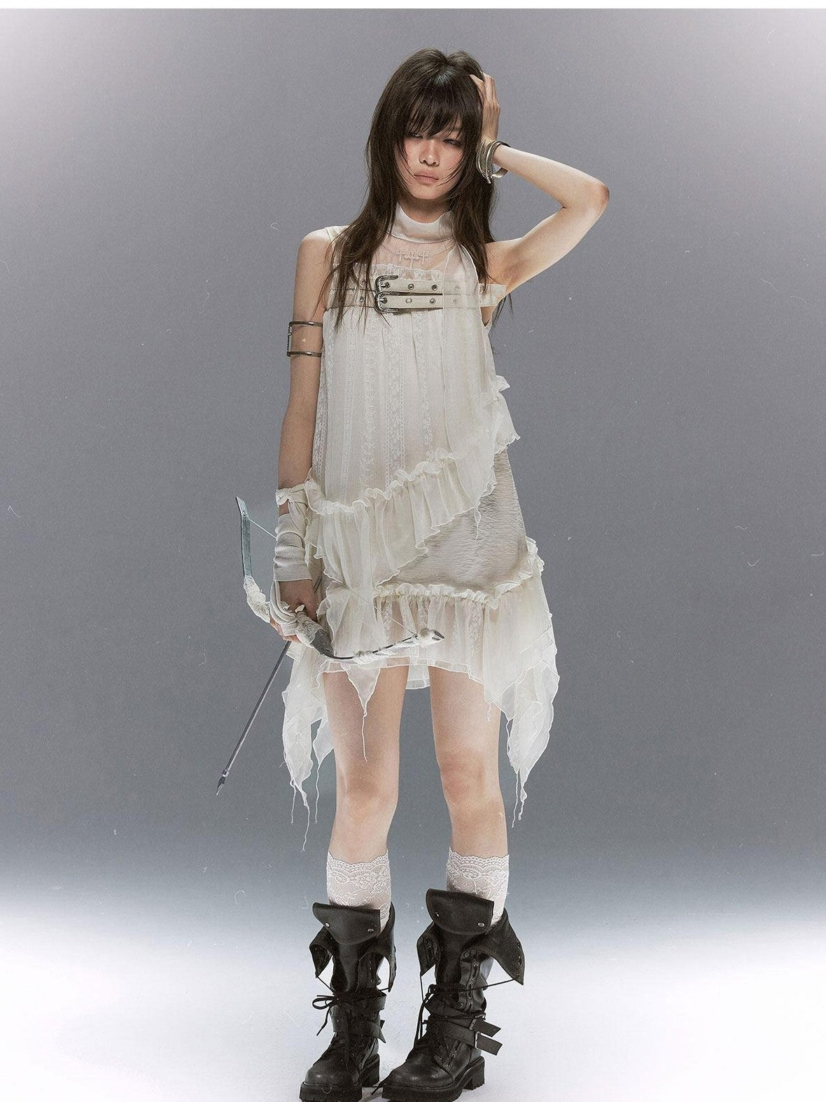 Cest Nous Lace Armor Cross Embroidered Belt Layered Cowl Women&