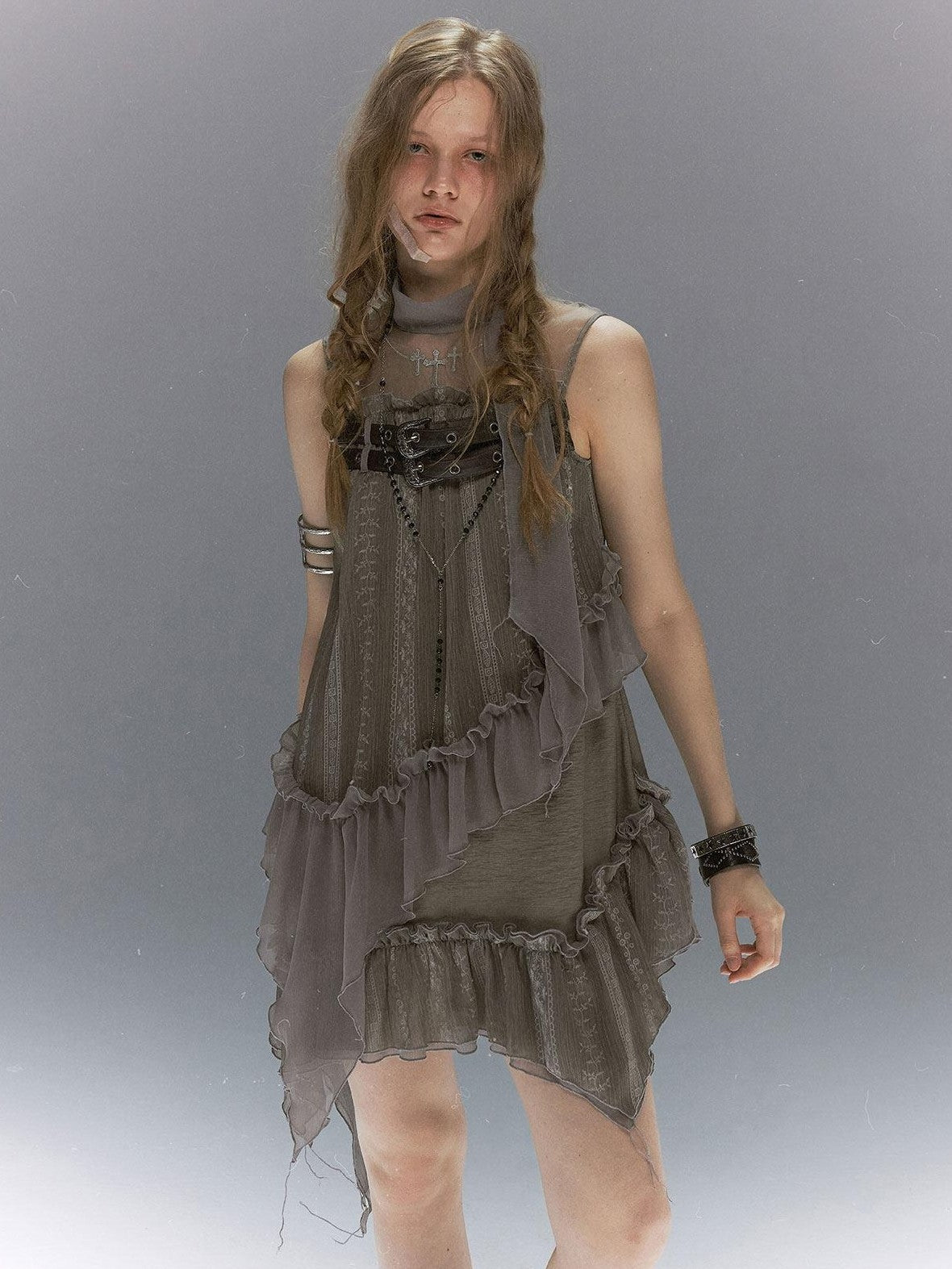 Cest Nous Lace Armor Cross Embroidered Belt Layered Cowl Women&