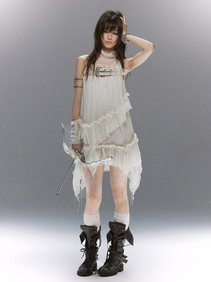 Cest Nous Lace Armor Cross Embroidered Belt Layered Cowl Women&
