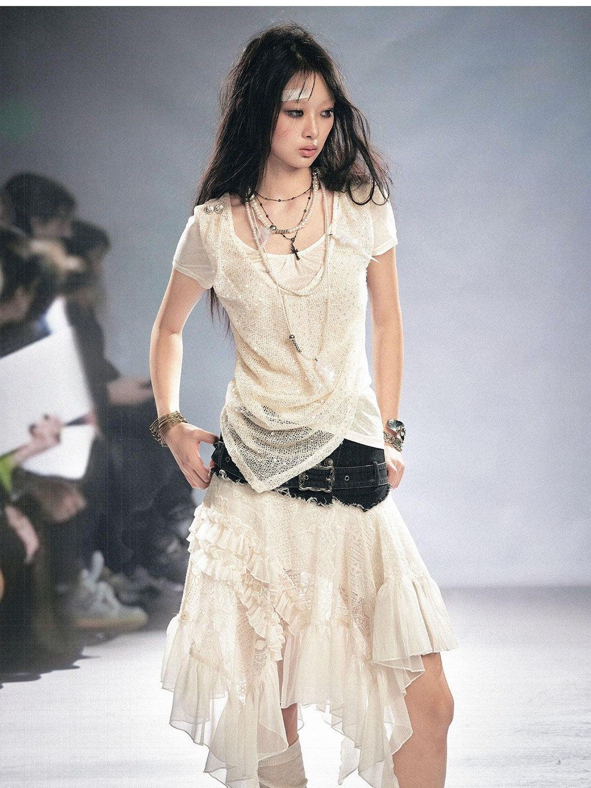 Cest Nous Lace Asymmetrical Irregular Hem Slim Mid Waist Women Girls Elegant Midi Skirt