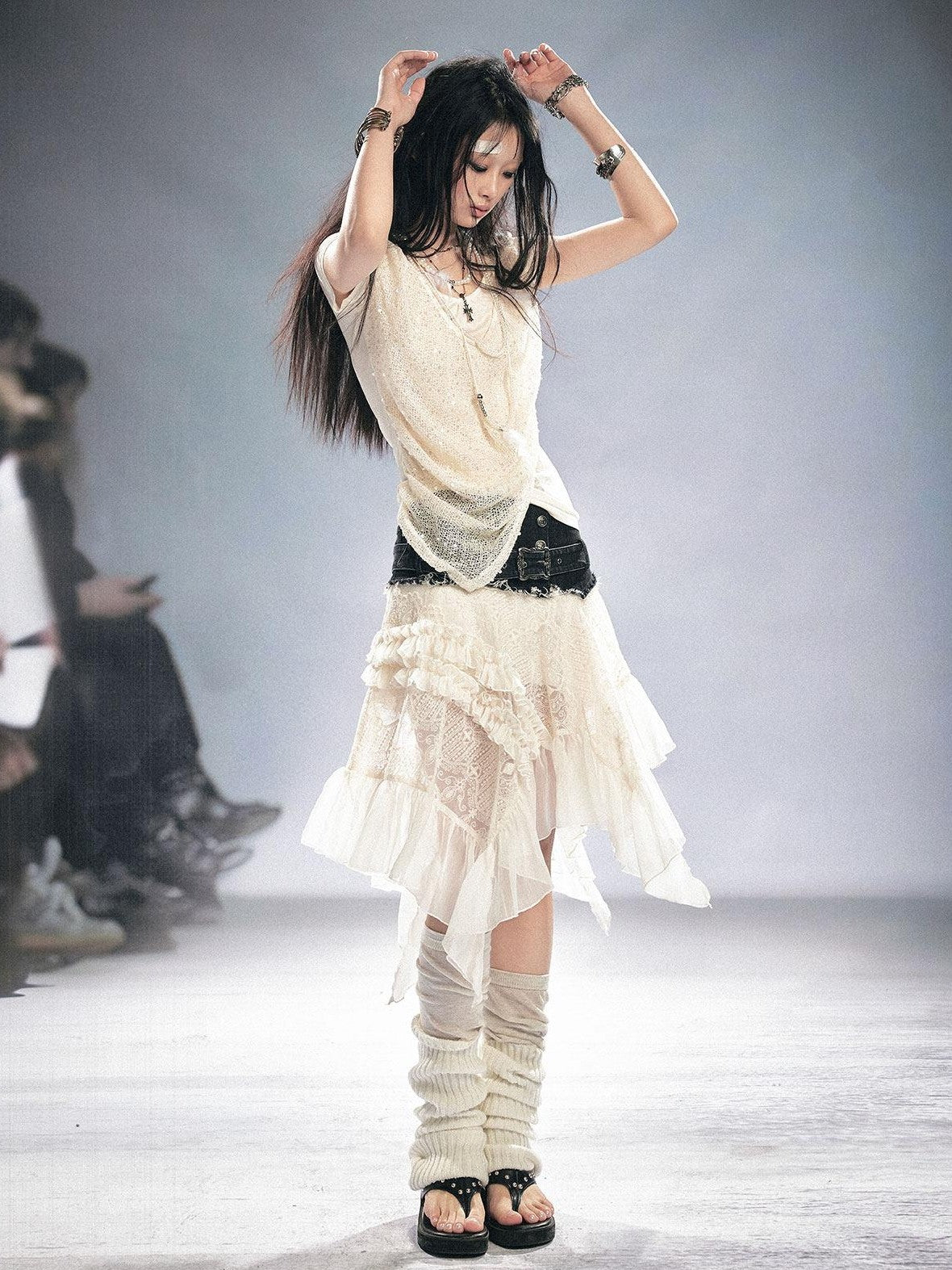 Cest Nous Lace Asymmetrical Irregular Hem Slim Mid Waist Women Girls Elegant Midi Skirt