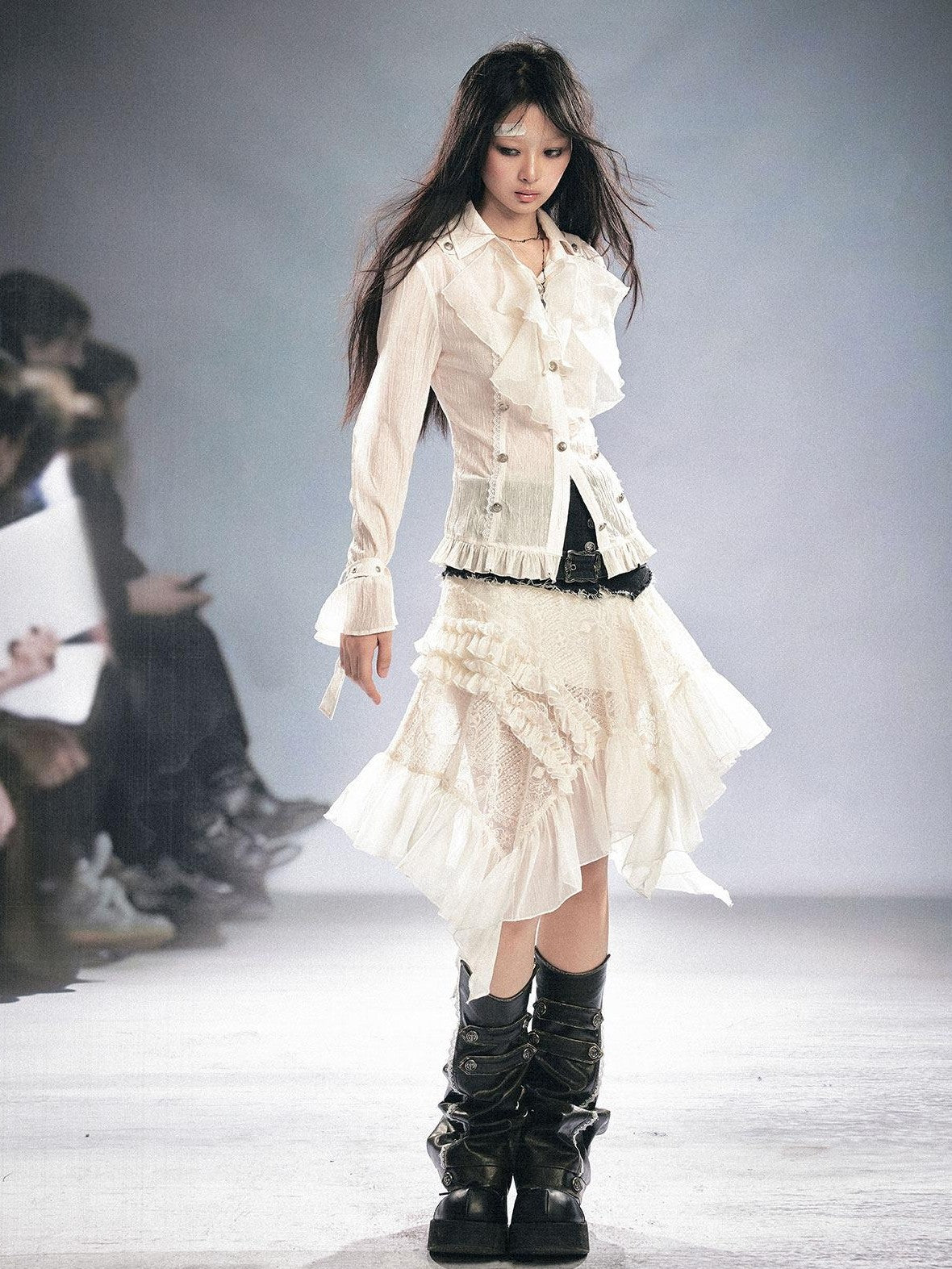 Cest Nous Lace Asymmetrical Irregular Hem Slim Mid Waist Women Girls Elegant Midi Skirt