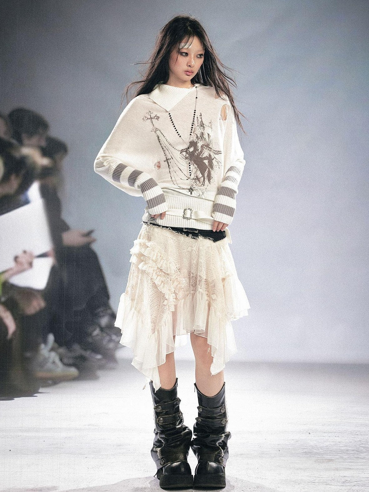 Cest Nous Lace Asymmetrical Irregular Hem Slim Mid Waist Women Girls Elegant Midi Skirt