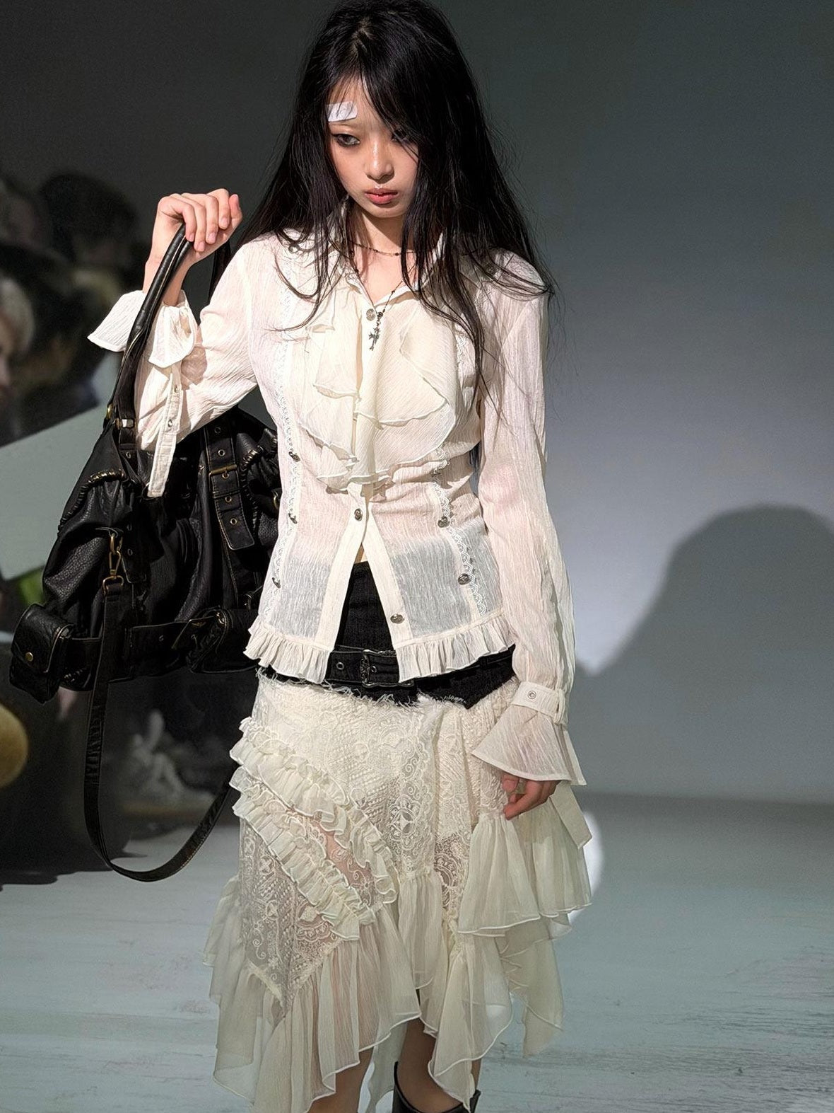 Cest Nous Lace Asymmetrical Irregular Hem Slim Mid Waist Women Girls Elegant Midi Skirt