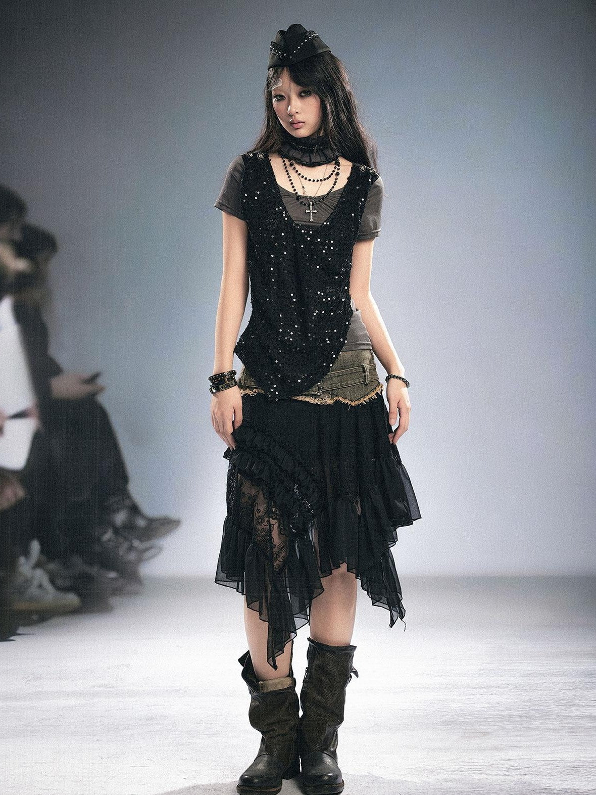 Cest Nous Lace Asymmetrical Irregular Hem Slim Mid Waist Women Girls Elegant Midi Skirt