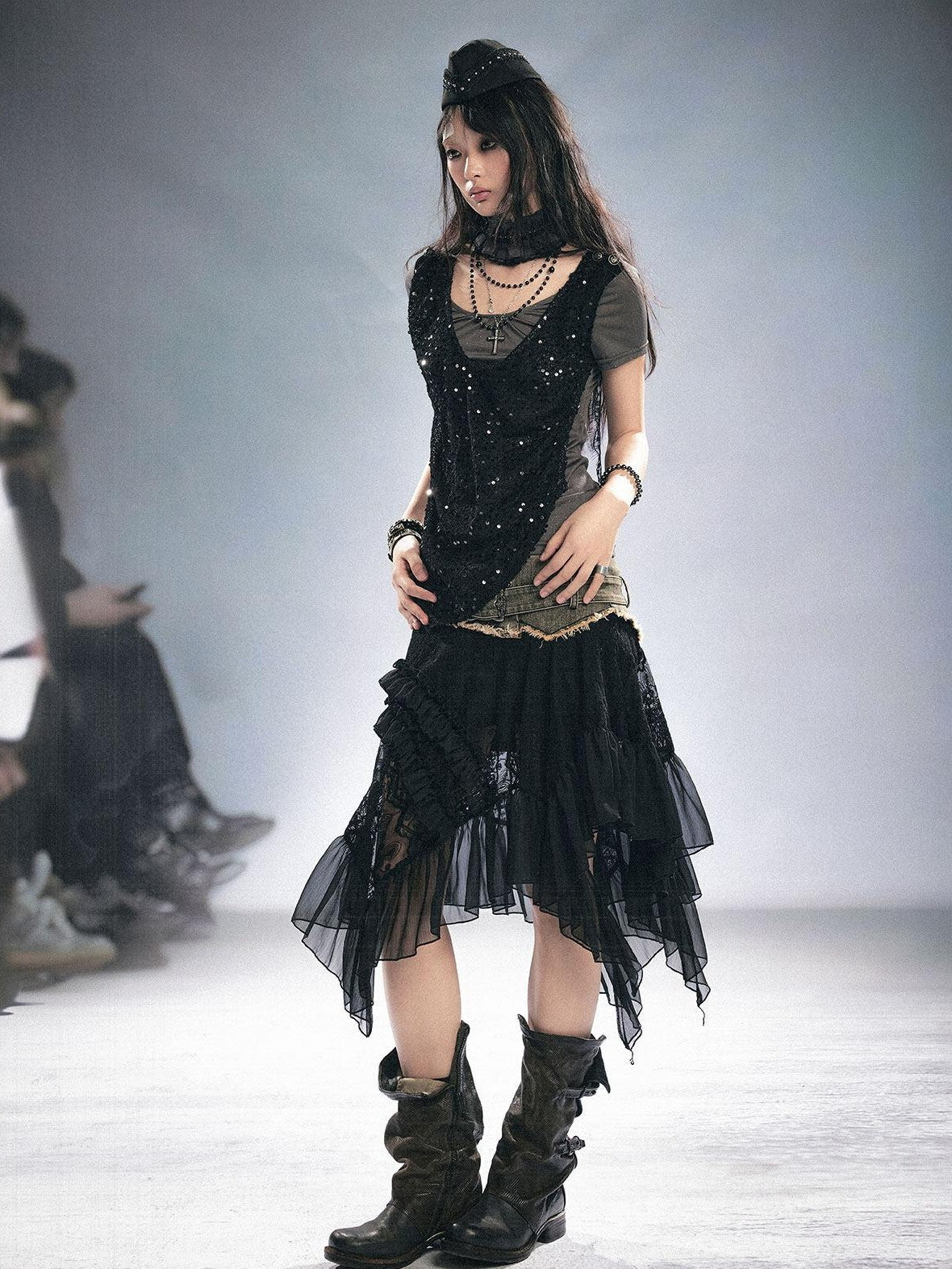 Cest Nous Lace Asymmetrical Irregular Hem Slim Mid Waist Women Girls Elegant Midi Skirt