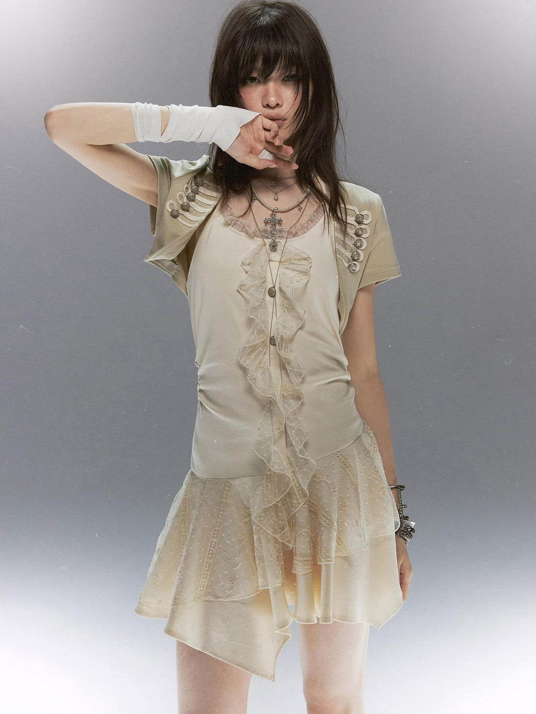 Cest Nous Lace Ruffle Napoleon Collar Braided Buttons Women&