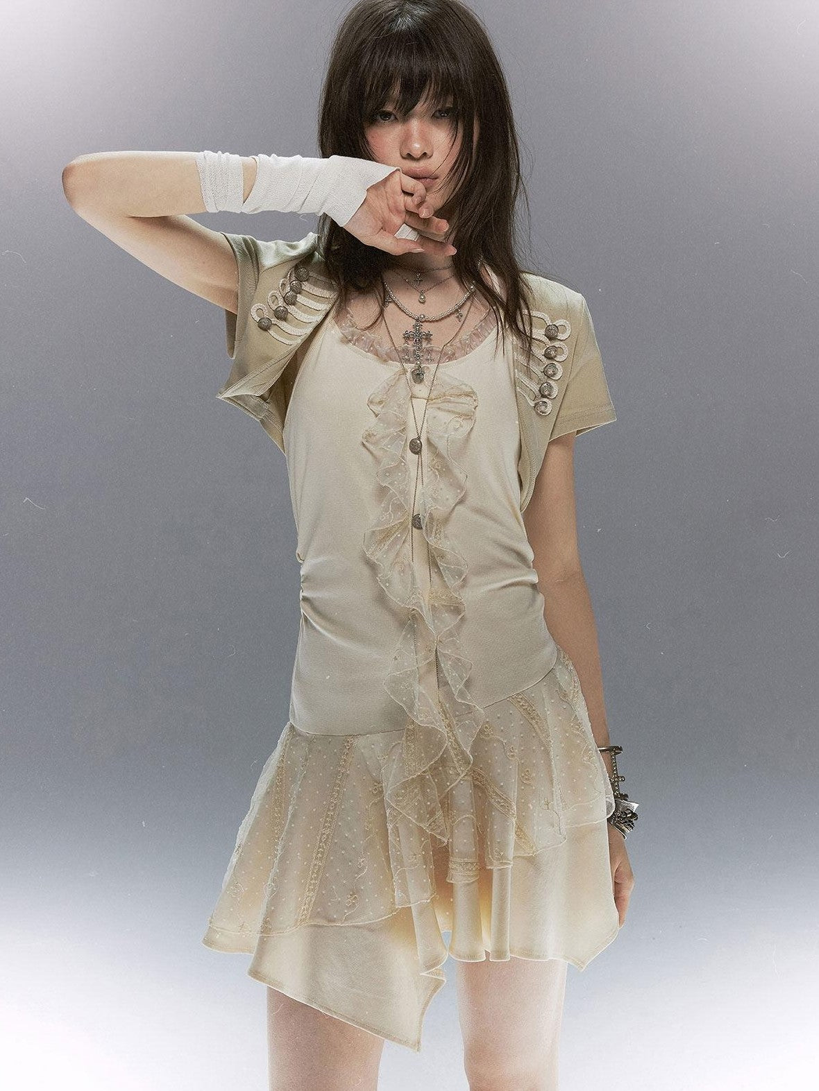 Cest Nous Lace Ruffle Napoleon Collar Braided Buttons Women&