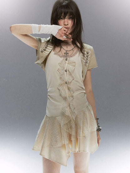 Cest Nous Lace Ruffle Napoleon Collar Braided Buttons Women&
