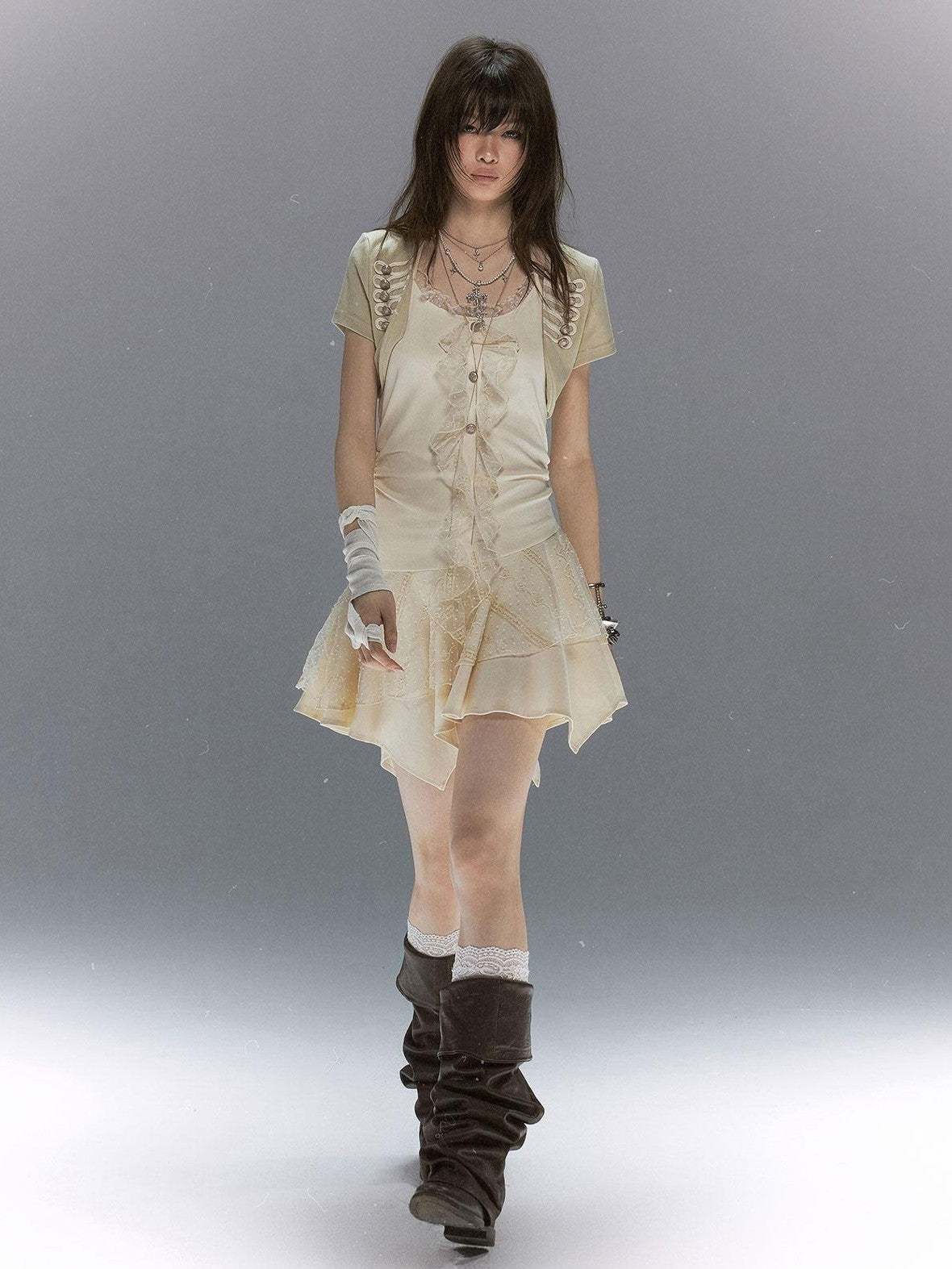 Cest Nous Lace Ruffle Napoleon Collar Braided Buttons Women&