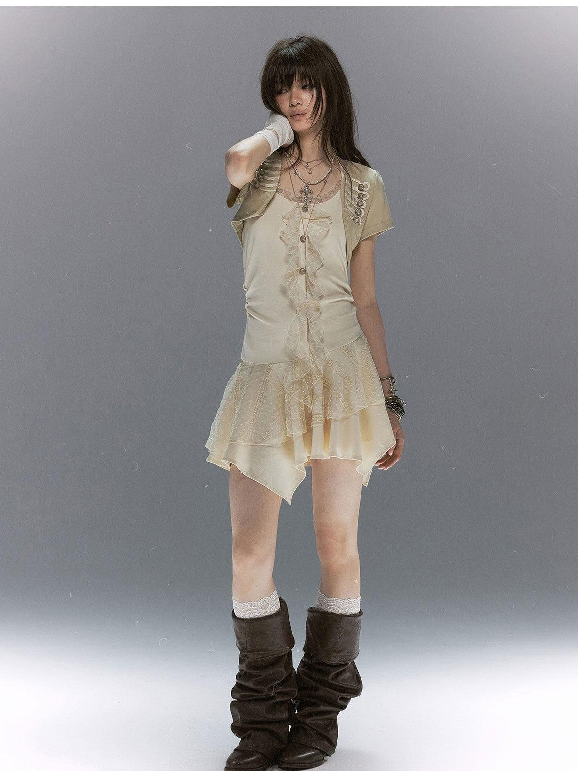 Cest Nous Lace Ruffle Napoleon Collar Braided Buttons Women&