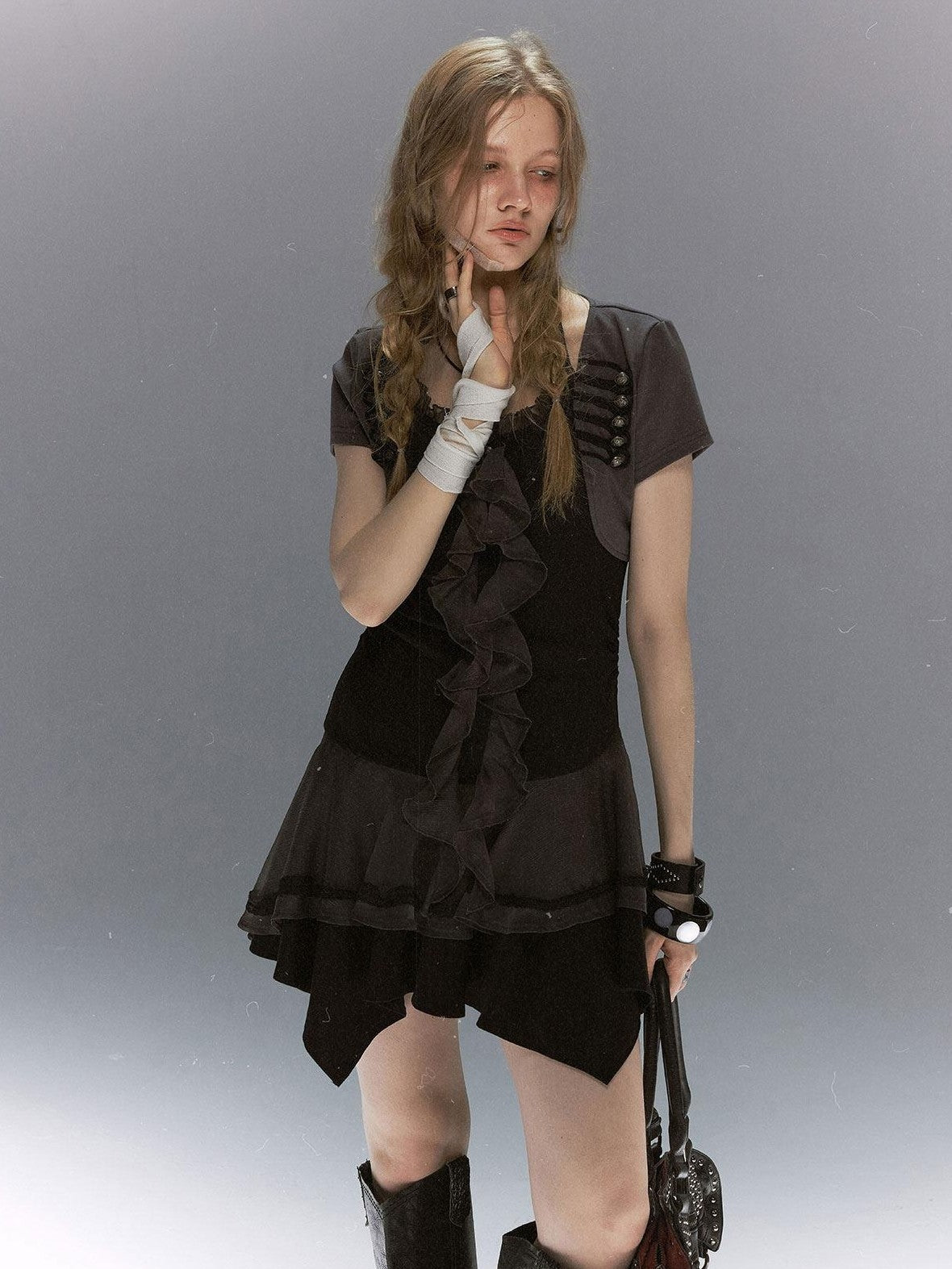 Cest Nous Lace Ruffle Napoleon Collar Braided Buttons Women&