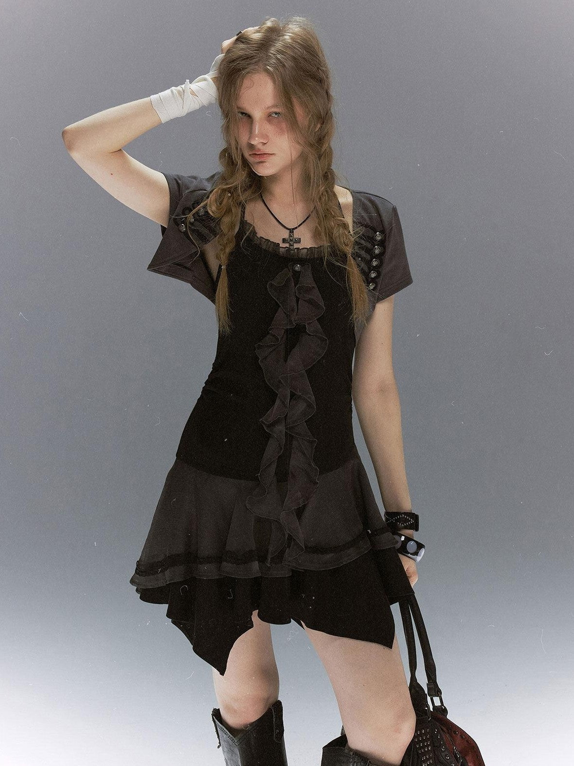 Cest Nous Lace Ruffle Napoleon Collar Braided Buttons Women&