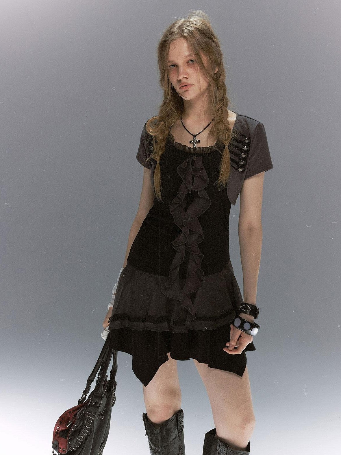 Cest Nous Lace Ruffle Napoleon Collar Braided Buttons Women&
