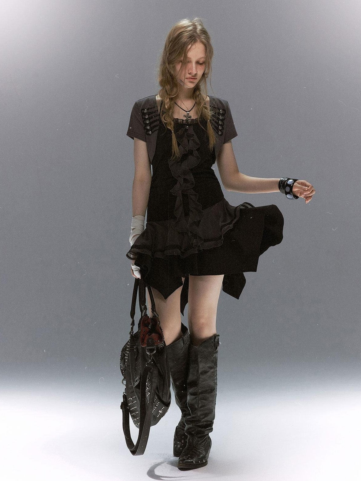Cest Nous Lace Ruffle Napoleon Collar Braided Buttons Women&