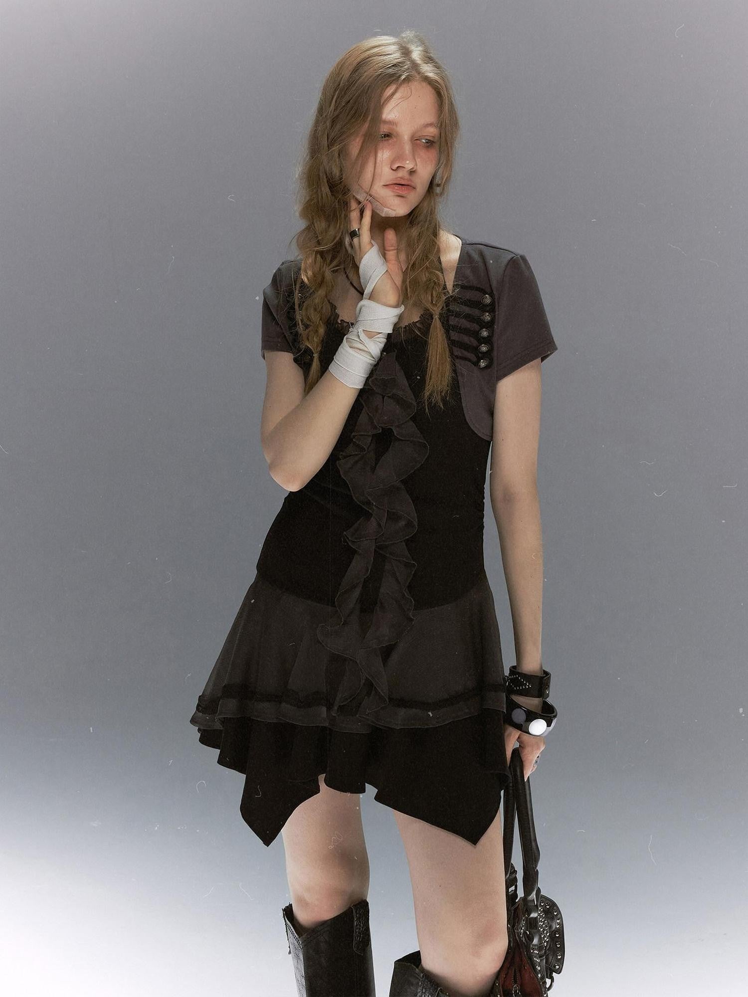 Cest Nous Lace Ruffle Napoleon Collar Braided Buttons Women&