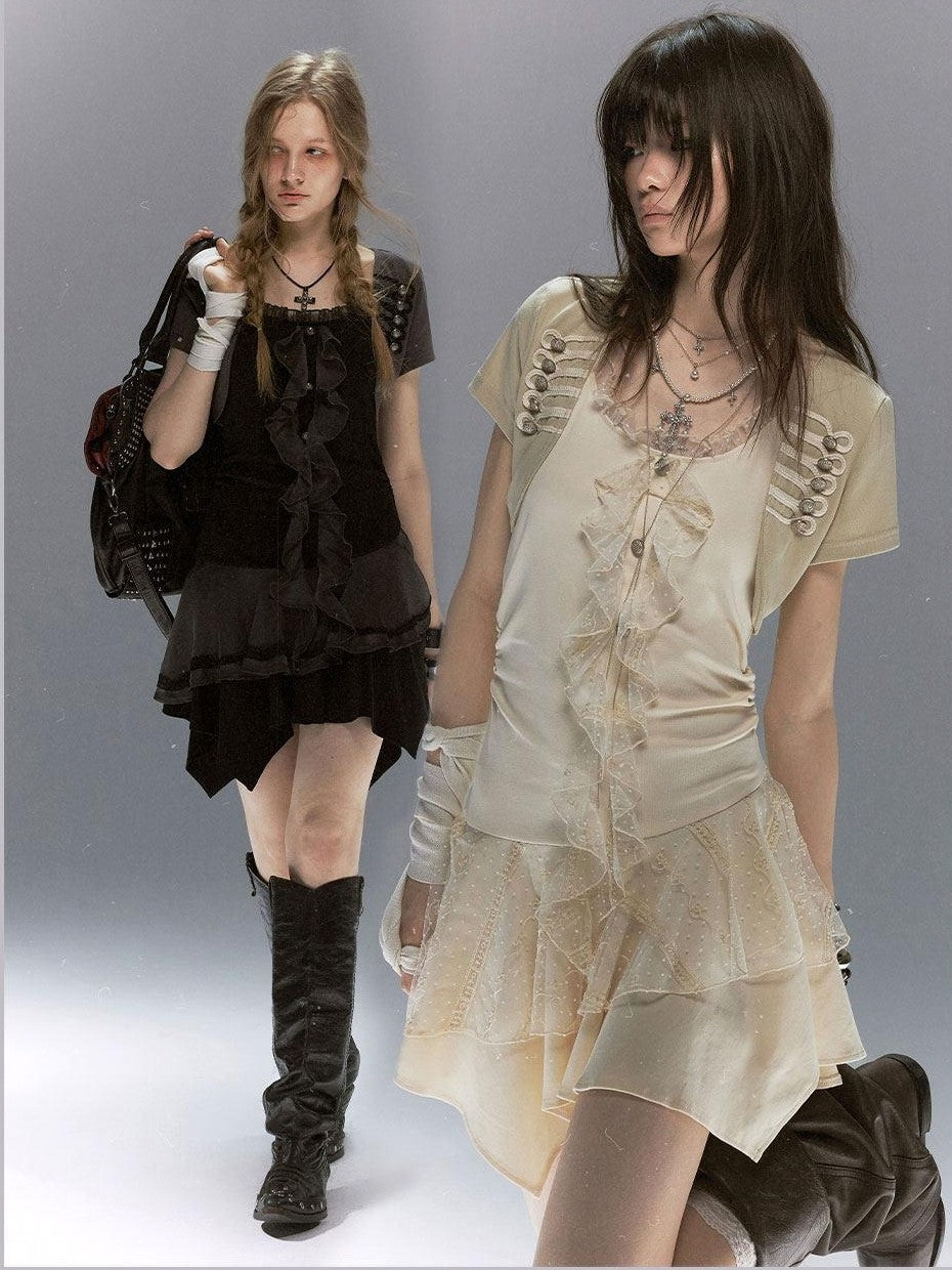 Cest Nous Lace Ruffle Napoleon Collar Braided Buttons Women&