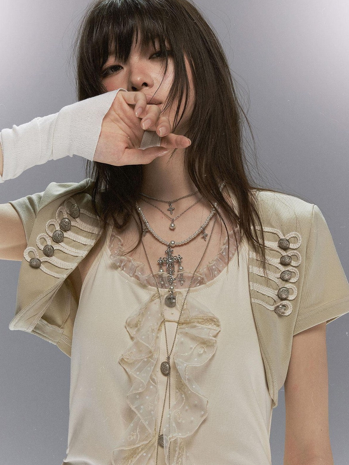 Cest Nous Lace Ruffle Napoleon Collar Braided Buttons Women&