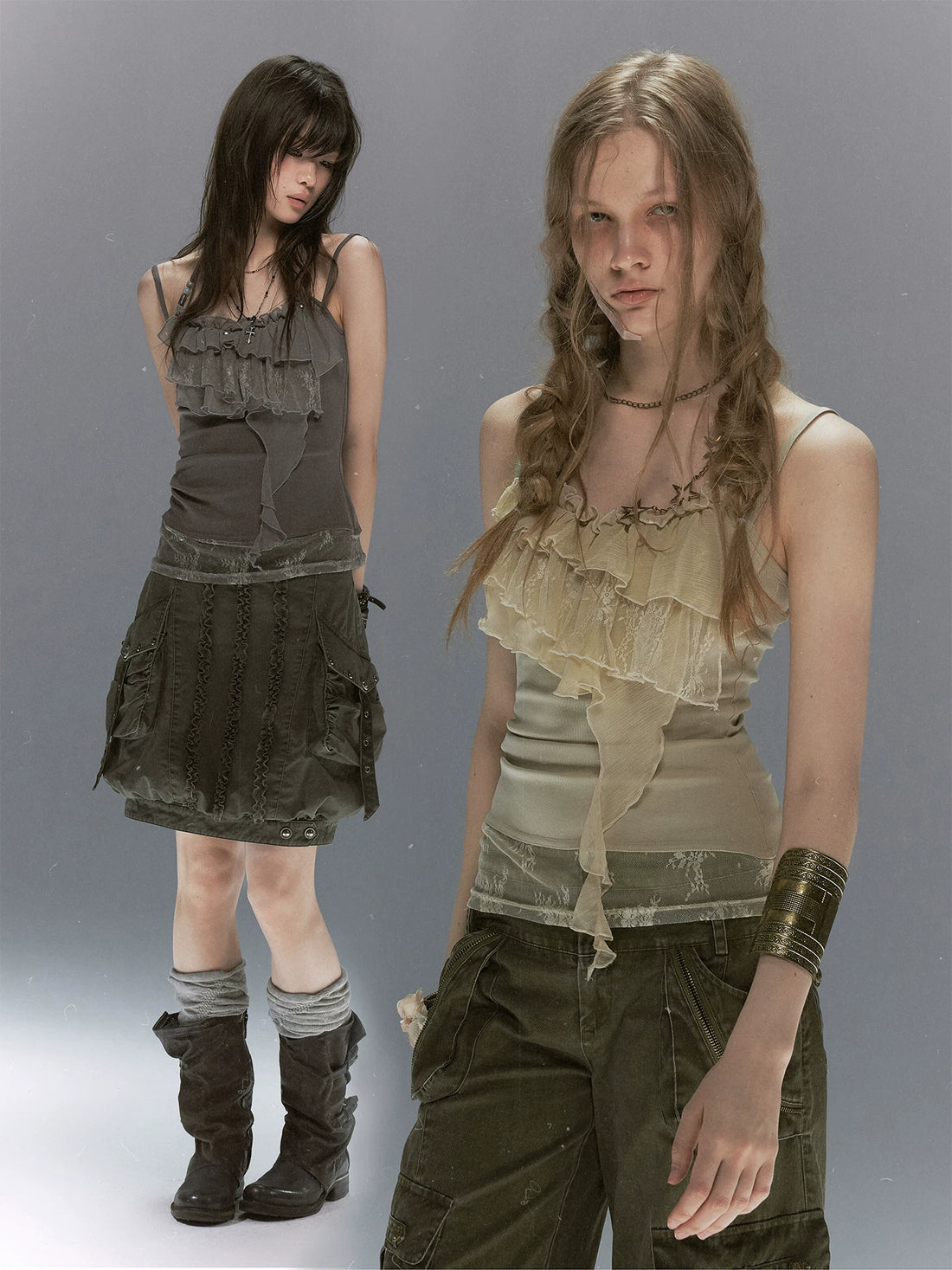 Cest Nous Leaf Tie Dye Beaded Lace V-neck Layered Ruffle Women&