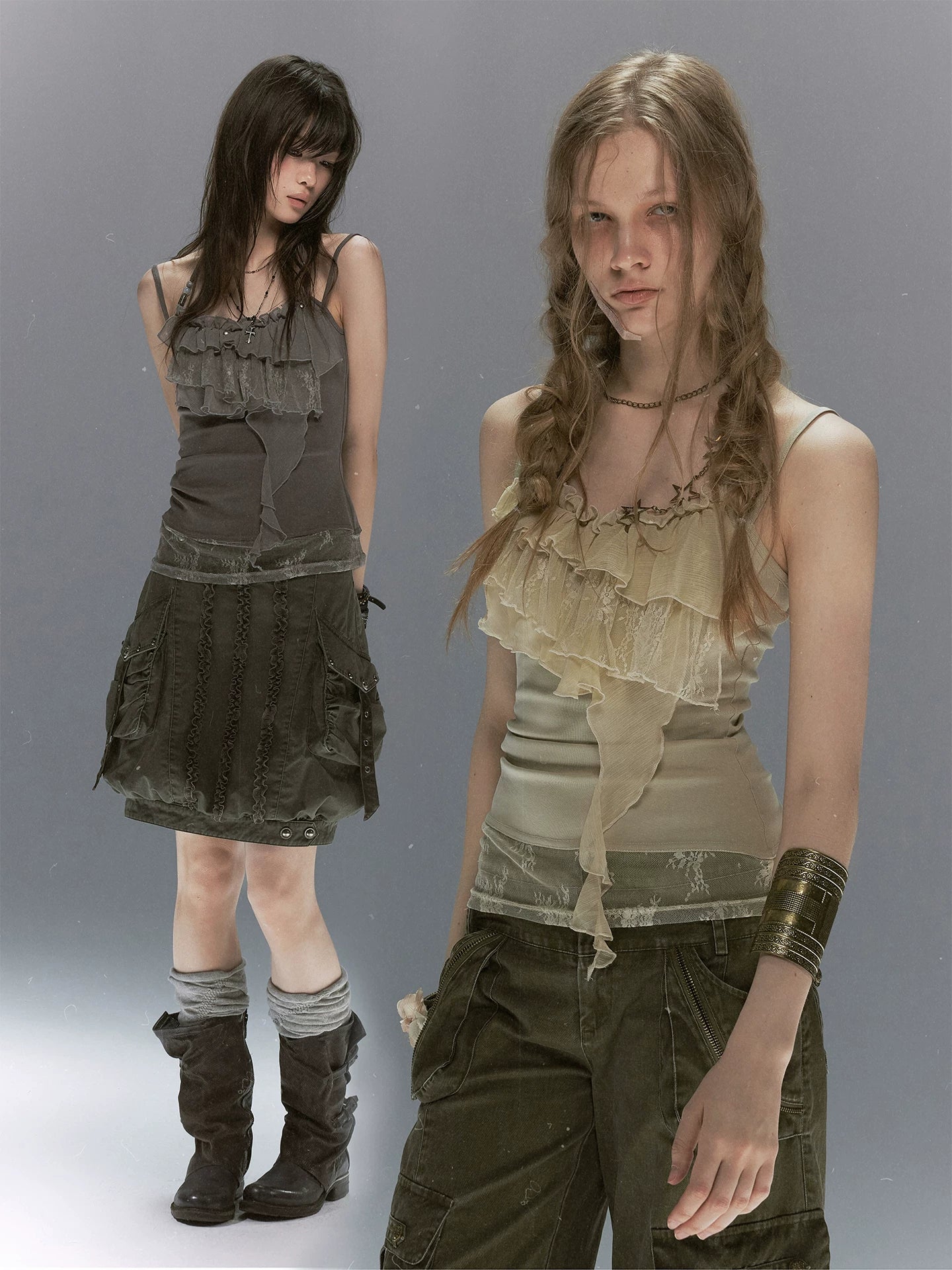 Cest Nous Leaf Tie Dye Beaded Lace V-neck Layered Ruffle Women&