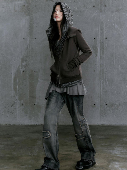 Update Cest Nous Medieval Studded Zip Up Striped Knit Sweater Jacket