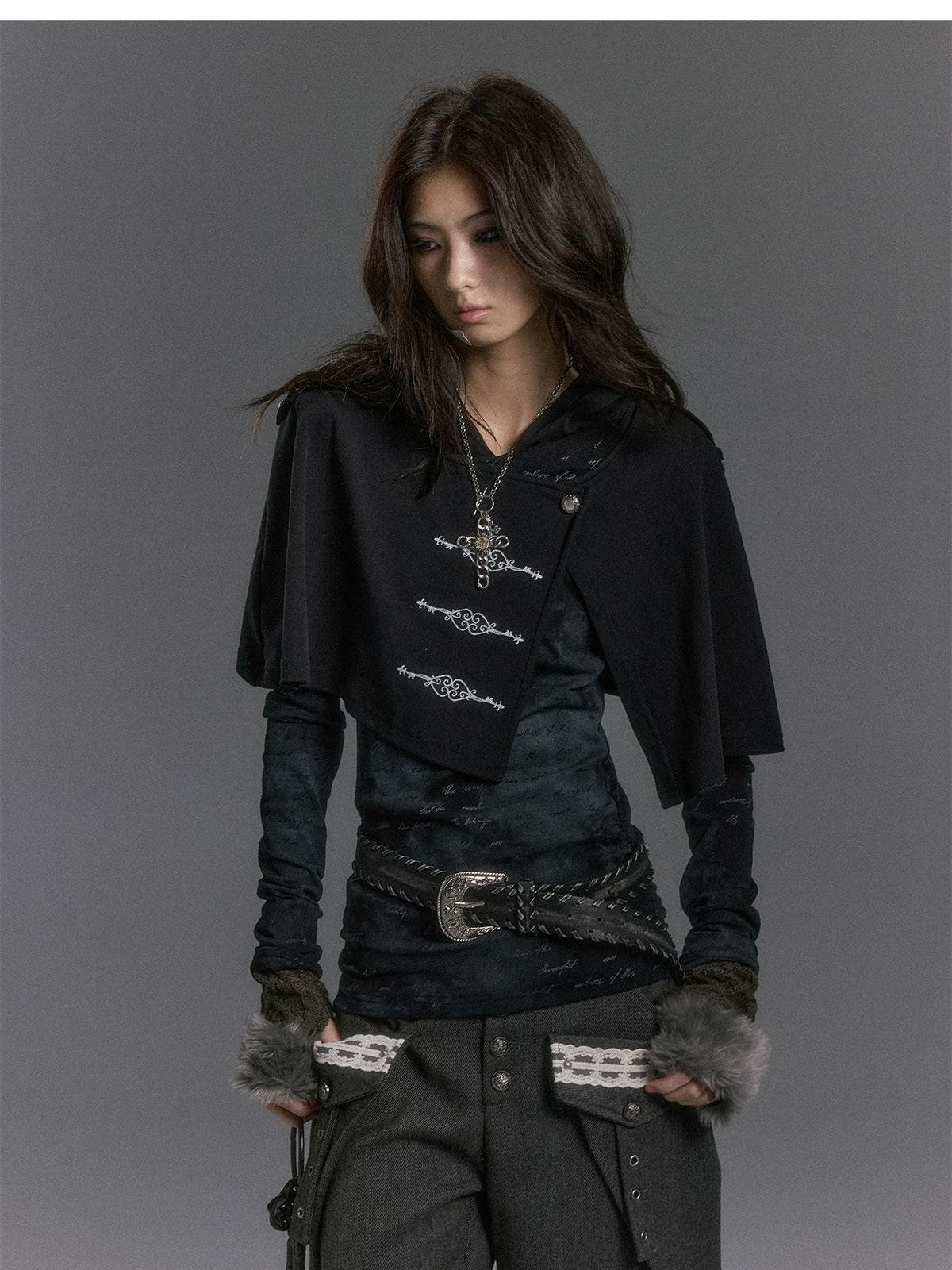 Cest Nous Metallic Print Hooded Cape Layered Women&