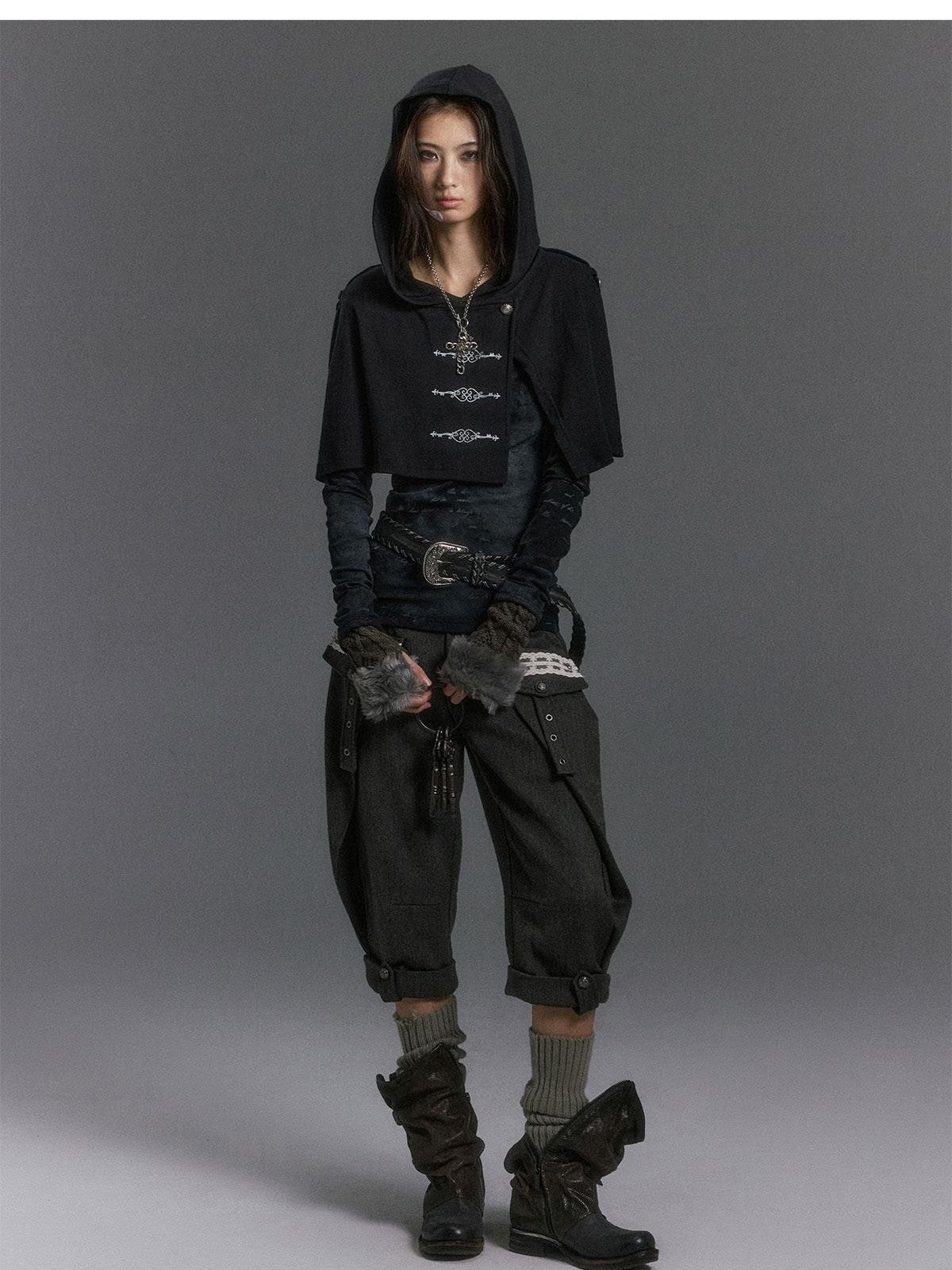 Cest Nous Metallic Print Hooded Cape Layered Women&