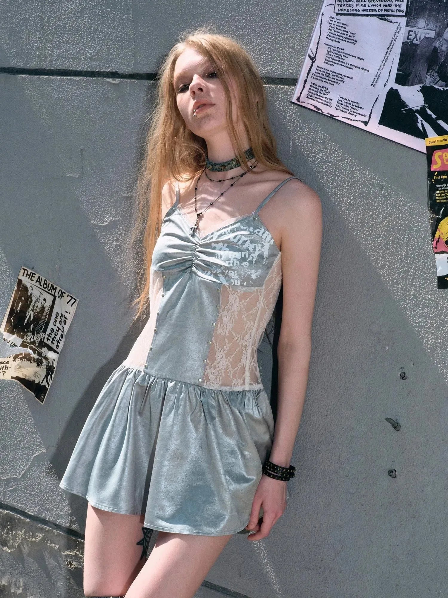 Mint Blue Satin Graffiti Lace Trim Slip Dress