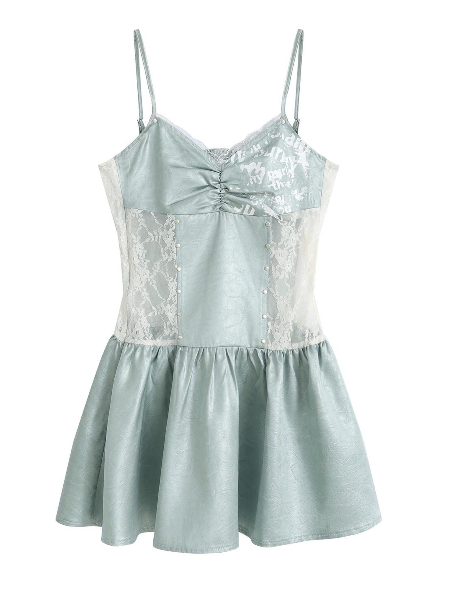 Cest Nous Mint Blue Satin Graffiti Lace Trim Slip Dress