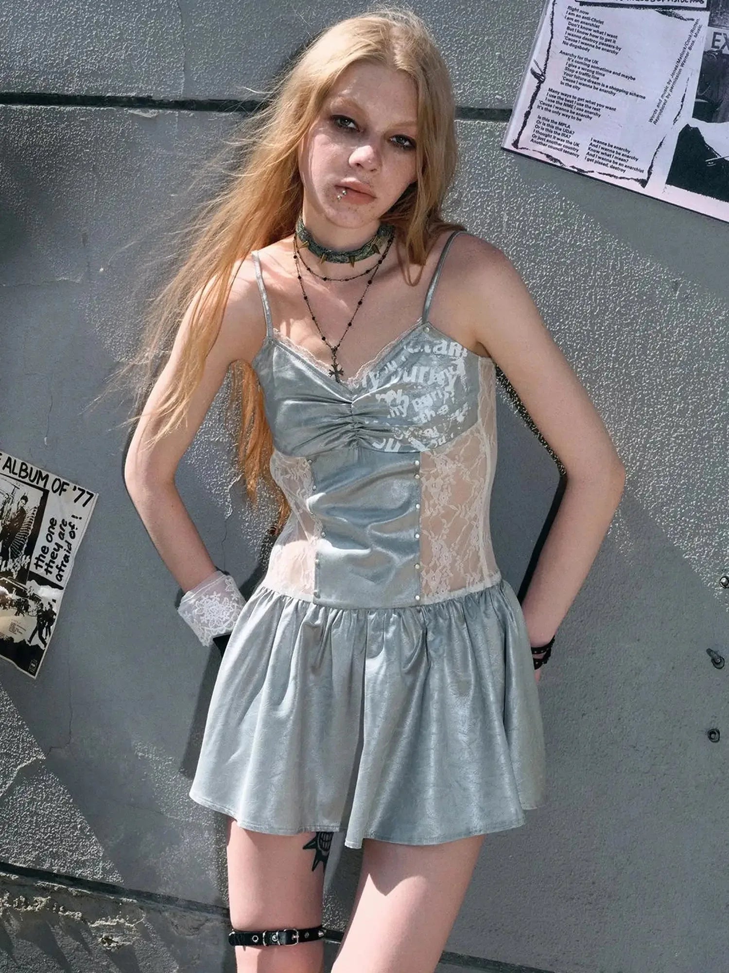 Mint Blue Satin Graffiti Lace Trim Slip Dress